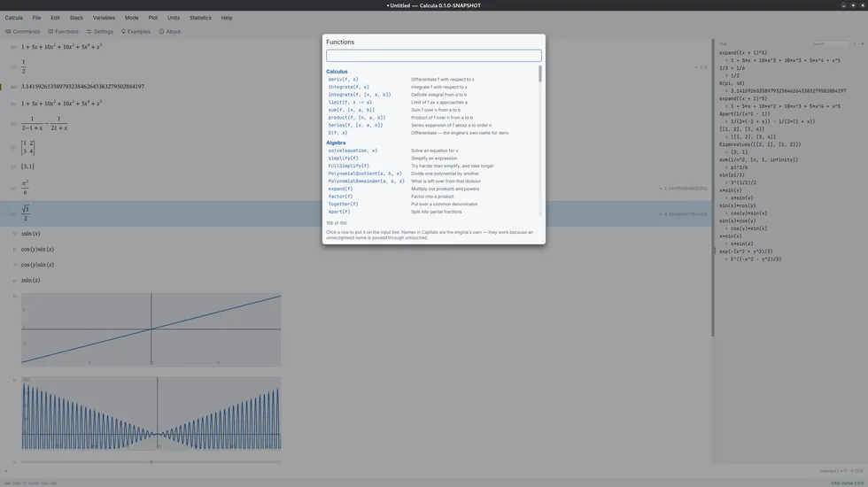 The Calcula workspace showing typeset symbolic expressions, interactive plots, the calculation trail, and the function browser.