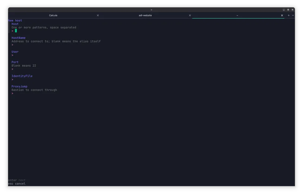 Capsula's keyboard-driven new-host form showing fields for an SSH alias, hostname, user, port, identity file, and proxy jump.