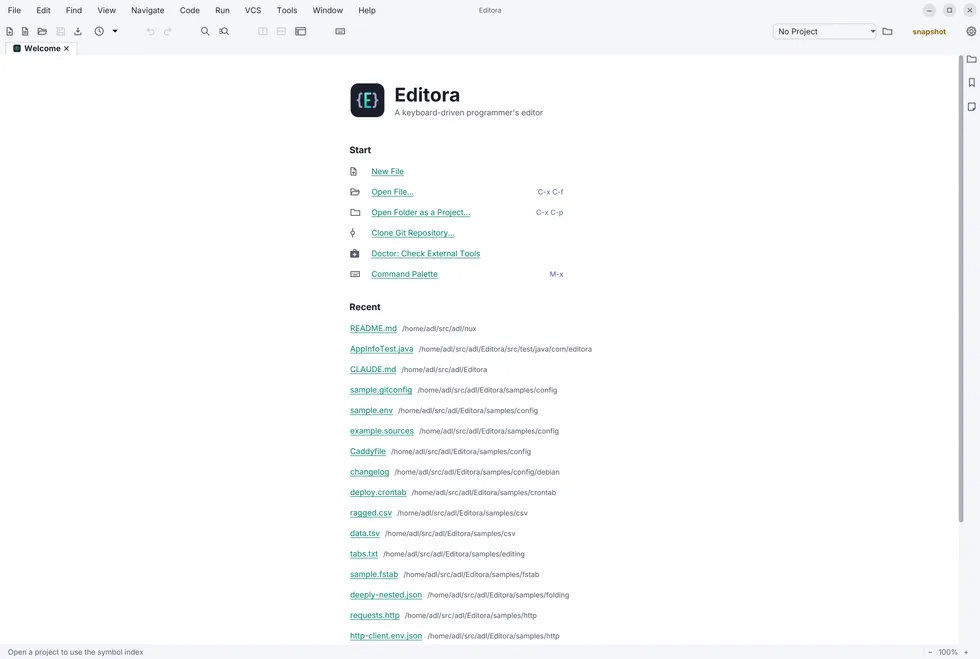 The Editora welcome screen with project actions, command shortcuts, and a list of recently opened files.