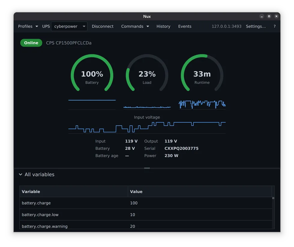 The Nux UPS dashboard showing battery charge, load, runtime, voltage history, and device variables.